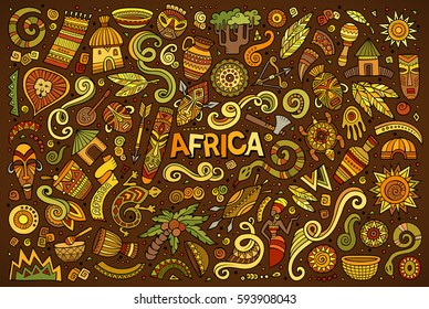 Colorful Vector Hand Drawn Doodle Cartoon Set Of Africa Objects And Symbols