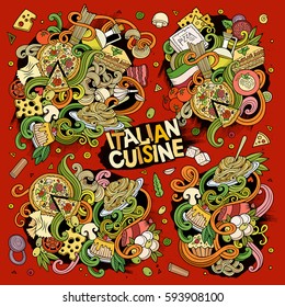 Colorful vector hand drawn doodle cartoon set of italian food objects and symbols