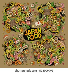 Colorful vector hand drawn doodle cartoon set of Japan food objects and symbols