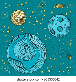 Colorful vector hand drawn doodle cartoon Space illustration. Night Sky. Set of Space objects, stars , planets, moon, falling comet and falling star. Hand-Drawn Doodle Background. Vector Illustration