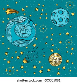 Colorful vector hand drawn doodle cartoon Space illustration. Night Sky. Set of Space objects, stars , planets, moon, falling comet and falling star. Hand-Drawn Doodle Background. Vector Illustration