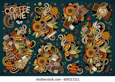 Colorful vector hand drawn doodle cartoon set of tea and coffee theme items, objects and symbols