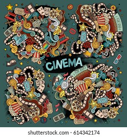 Colorful vector hand drawn Doodle cartoon set of objects and symbols on the cinema theme