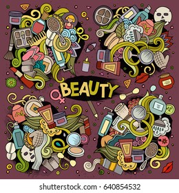 Colorful vector hand drawn doodle cartoon set of objects and symbols on the cosmetic and beauty theme