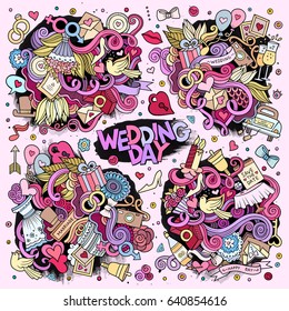 Colorful vector hand drawn Doodle cartoon set of objects and symbols on the wedding theme