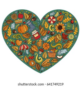 Colorful vector hand drawn doodle cartoon set of Autumn objects, symbols and items. Heart composition