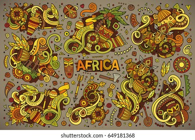 Colorful vector hand drawn doodle cartoon set of Africa objects and symbols