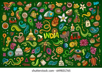 Colorful vector hand drawn doodle cartoon set of Indian objects and symbols
