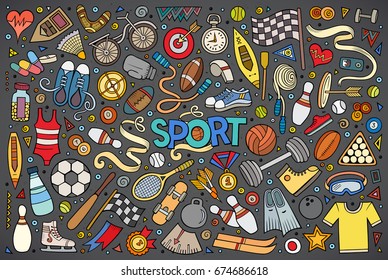 Colorful vector hand drawn doodle cartoon set of Sport objects and symbols