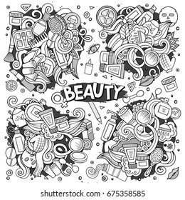 Colorful vector hand drawn doodle cartoon set of objects and symbols on the cosmetic and beauty theme