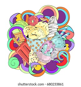 Colorful vector hand drawn doodle cartoon ice cream composition.