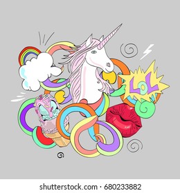 Colorful vector hand drawn doodle cartoon composition with unicorn, rainbow, lips and ice cream.