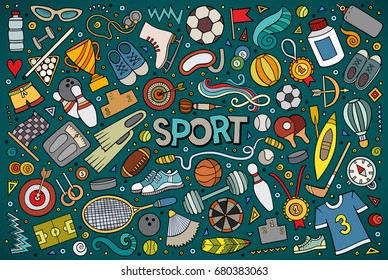 Colorful vector hand drawn doodle cartoon set of Sport objects and symbols