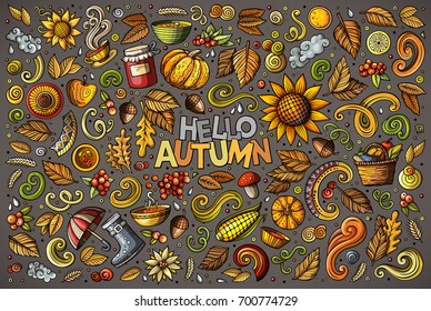 Colorful vector hand drawn doodle cartoon set of Autumn theme items, objects and symbols