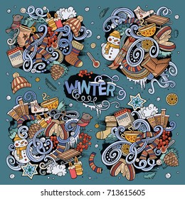 Colorful vector hand drawn doodle cartoon set of Winter season objects and symbols