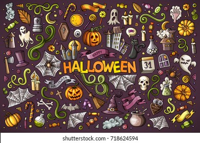 Colorful vector hand drawn Doodle cartoon set of objects and symbols on the Halloween theme