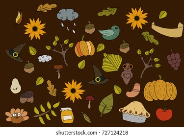 Colorful vector hand drawn Doodle cartoon set of objects and symbols on the Thanksgiving autumn theme