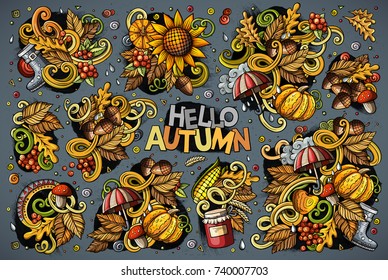 Colorful vector hand drawn doodle cartoon set of Autumn theme items, objects and symbols. All items are separate.