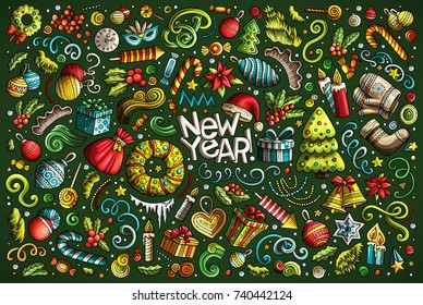 Colorful vector hand drawn doodle cartoon set of New Year and Christmas objects and symbols