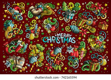 Colorful vector hand drawn doodle cartoon set of New Year and Christmas objects and symbols
