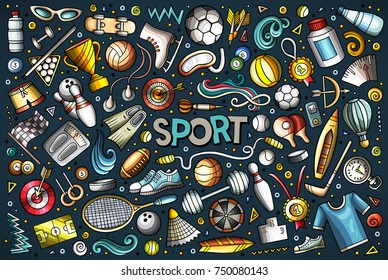 Colorful vector hand drawn doodle cartoon set of Sport objects and symbols