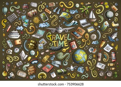 Colorful vector hand drawn doodle cartoon set of travel planning theme items, objects and symbols