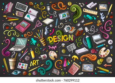 Colorful vector hand drawn doodle cartoon set of design theme items, objects and symbols 