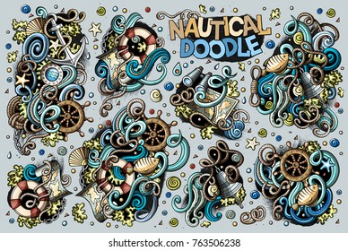 Colorful vector hand drawn Doodle cartoon set of marine, nautical objects and symbols. All objects separate.