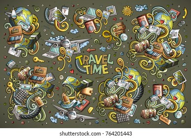 Colorful vector hand drawn doodle cartoon set of travel planning theme items, objects and symbols. All objects separate.