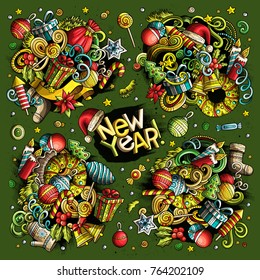 Colorful vector hand drawn doodle cartoon set of New Year and Christmas objects and symbols