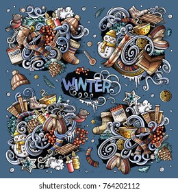 Colorful vector hand drawn doodle cartoon set of Winter season objects and symbols. All items are separate.
