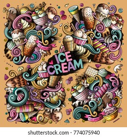 Colorful vector hand drawn doodle cartoon set of ice-cream objects and symbols. All objects separate.