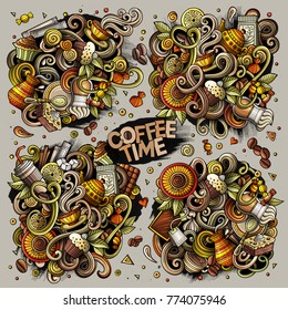 Colorful vector hand drawn doodle cartoon set of tea and coffee theme items, objects and symbols. All objects separate.