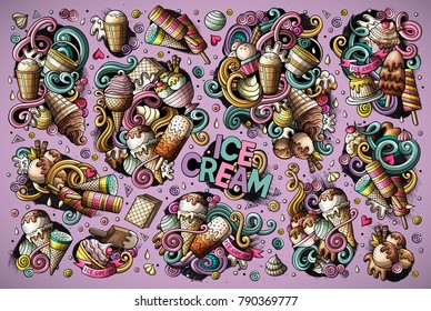 Colorful vector hand drawn doodle cartoon set of ice-cream objects and symbols