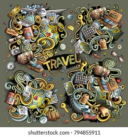 Colorful vector hand drawn doodle cartoon set of travel planning theme items, objects and symbols. All objects separate.