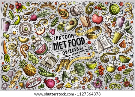 Colorful vector hand drawn doodle cartoon set of Diet food theme items, objects and symbols