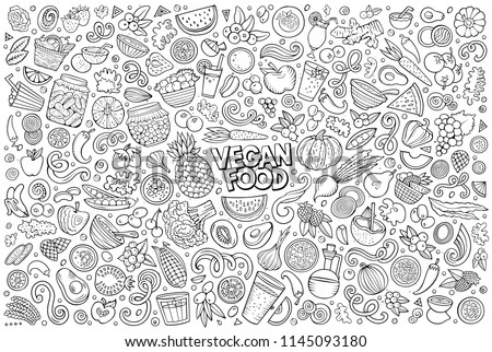 Colorful vector hand drawn doodle cartoon set of Vegan food objects and symbols