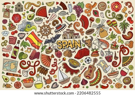 Colorful vector hand drawn doodle cartoon set of Spain theme items, objects and symbols