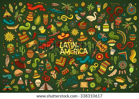 Colorful vector hand drawn Doodle cartoon set of objects and symbols on the Latin America theme
