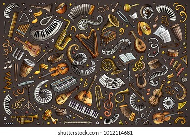 Colorful vector hand drawn doodles cartoon set of classical musical instruments objects and elements