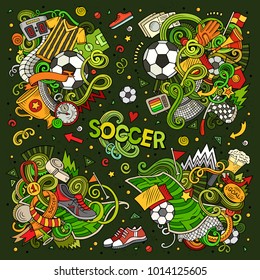 Colorful vector hand drawn doodles cartoon set of football combinations of objects and elements. All items are separate