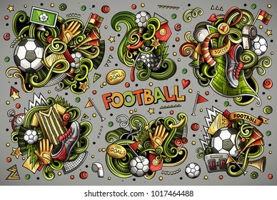 Colorful vector hand drawn doodles cartoon set of football combinations of objects and elements. All items are separate