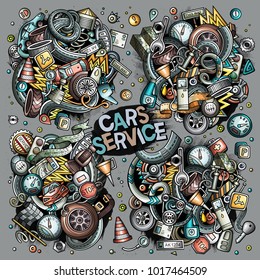 Colorful vector hand drawn doodles cartoon set of Automotive combinations of objects and elements. All items separated.