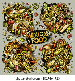 Colorful vector hand drawn doodles cartoon set of Mexican food combinations of objects and elements