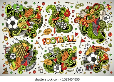 Colorful vector hand drawn doodles cartoon set of football combinations of objects and elements. All items are separate