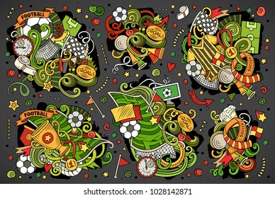 Colorful vector hand drawn doodles cartoon set of football combinations of objects and elements. All items are separate