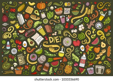 Colorful vector hand drawn doodles cartoon set of Diet food objects and elements