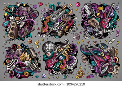 Colorful vector hand drawn doodles cartoon set of disco music combinations of objects and elements