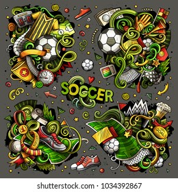 Colorful vector hand drawn doodles cartoon set of football combinations of objects and elements. All items are separate