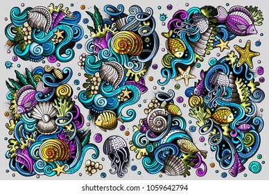 Colorful vector hand drawn doodles cartoon set of sealife combinations of objects and elements